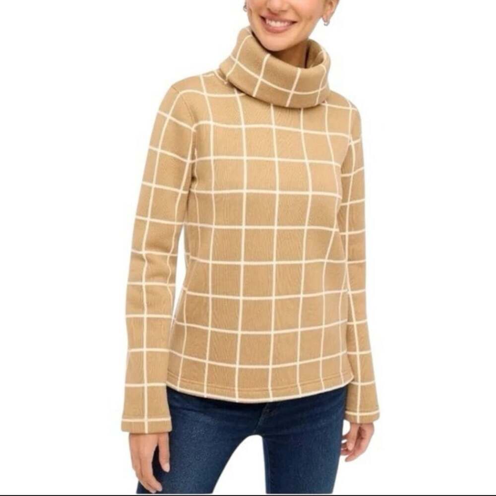 J.Crew Tan and White Windowpane Grid Funnel Neck Pullover Fleece